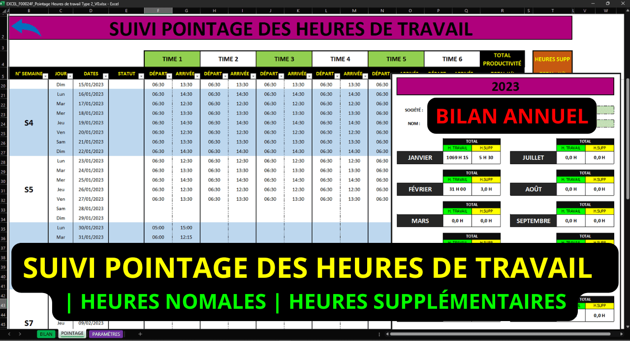 0 Pointage Journalier des Heures de Travail & Heures Supplémentaires sur Excel | Suivi temps de travail – Image 1