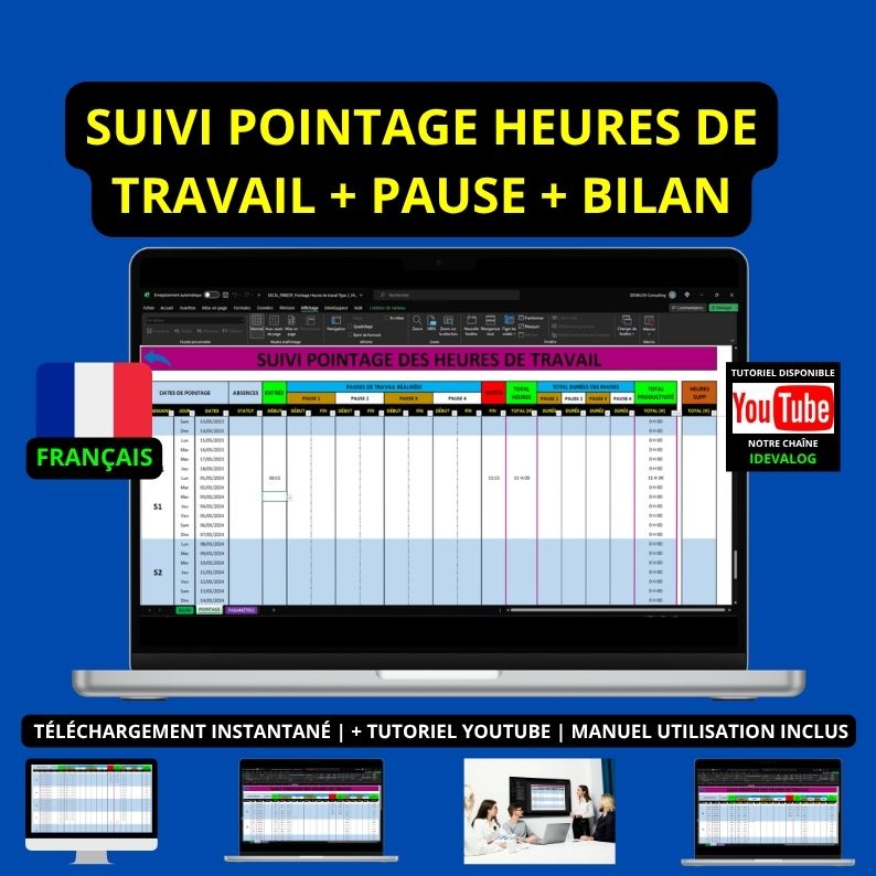 1 Pointage Journalier, Horaires & Gestion des Pauses | Suivi des Heures de Travail sur Excel – Image 1